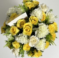 Yellow Rose with Cream Carnations and Roses